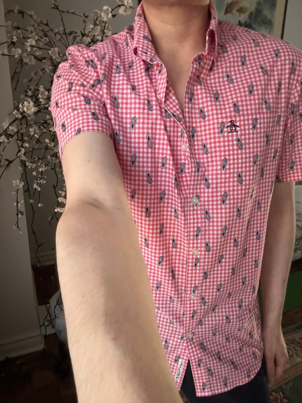 Original Penguin Pink Gingham Embroidered Pineapple Shirt S Like New